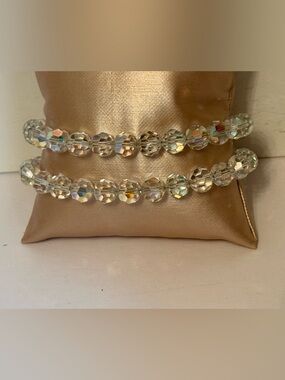 BERGERE BRACELET 2 STRAND CRYSTAL AURORA BOREALIS VINTAGE SIGNED 7.5” RHINESTONE